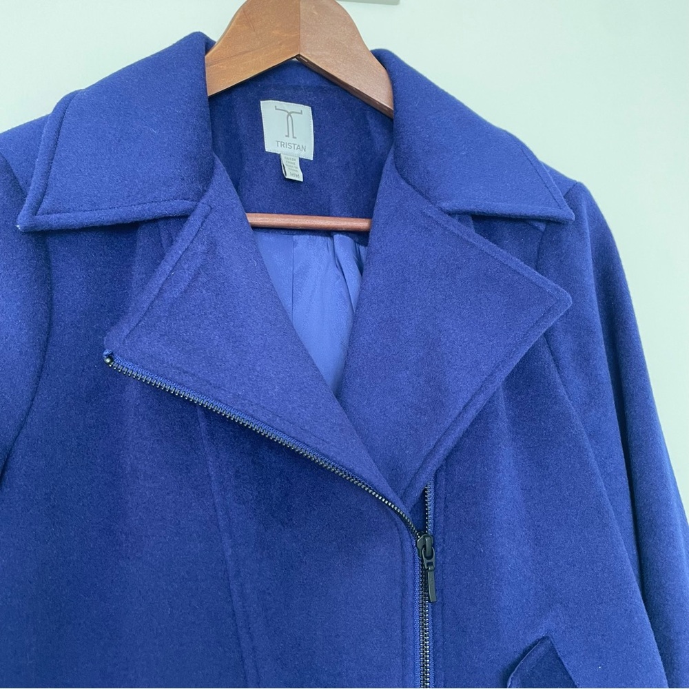 🇨🇦 Tristan Wool Perfecto Jacket Coat Cropped Modern Moto Trench Style Med Indigo